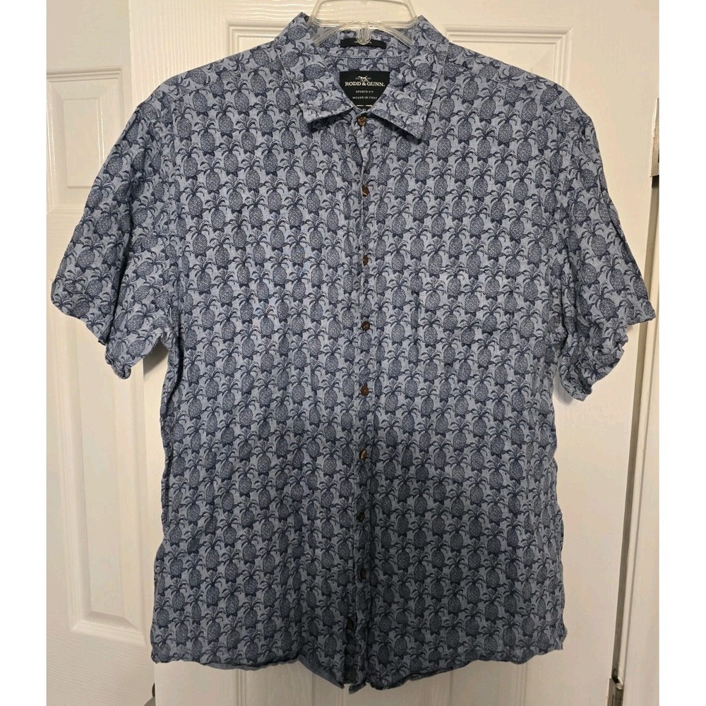 Rodd & Gunn Shirt Mens XL 100% Linen Blue Short Sleeve Button Down Pineapple